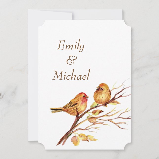 Faire-part de mariage oiseaux Brun Rouge Or Aquare (Devant)
