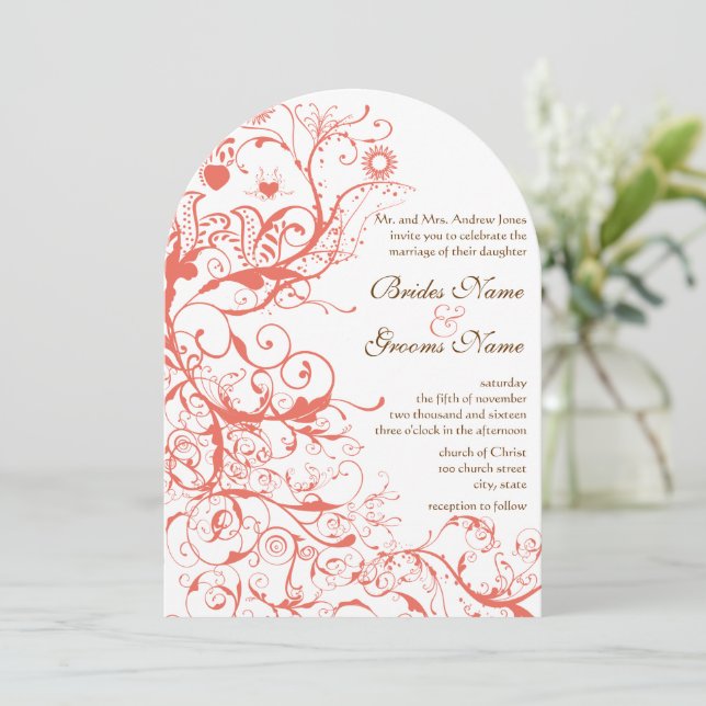 Faire-part de mariage Oiseaux coralliens et volute (Debout devant)