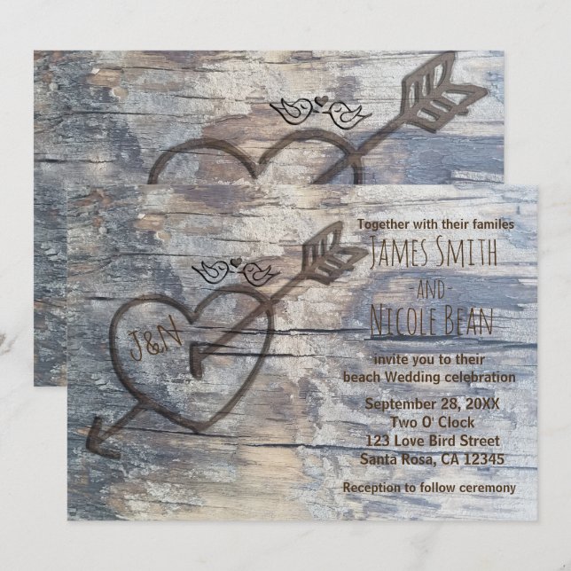 Faire-part de mariage Oiseaux de l'amour Cœur scul (Devant / Derrière)