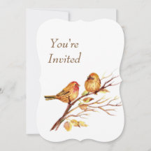 Faire-part de mariage oiseaux or rouge marron aqua