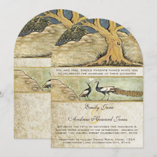 Faire-part de mariage oiseaux paon forêt rustique