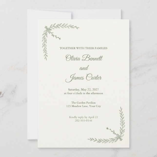 Faire-part de mariage Olive Leaf Sage Fine Line (Devant)