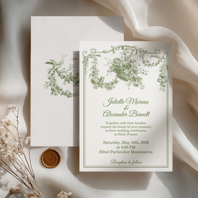 Faire-part de mariage Olive Sage Toile de Jouy Par (Créateur téléchargé)