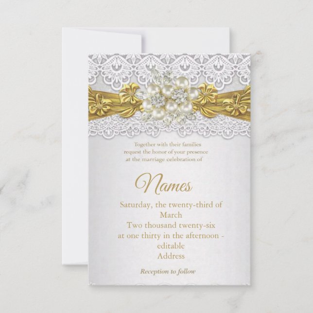 Faire-part de mariage or élégant avec dentelle et  (Devant)