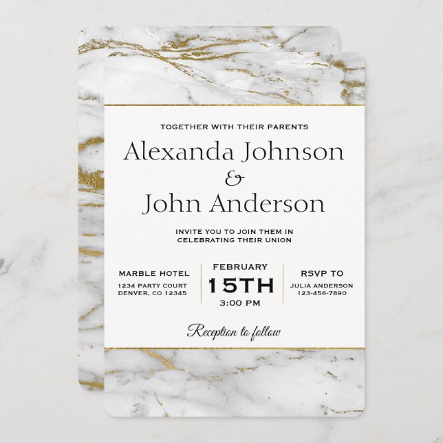 Faire-part de mariage or et Marbre blanc (Devant / Derrière)