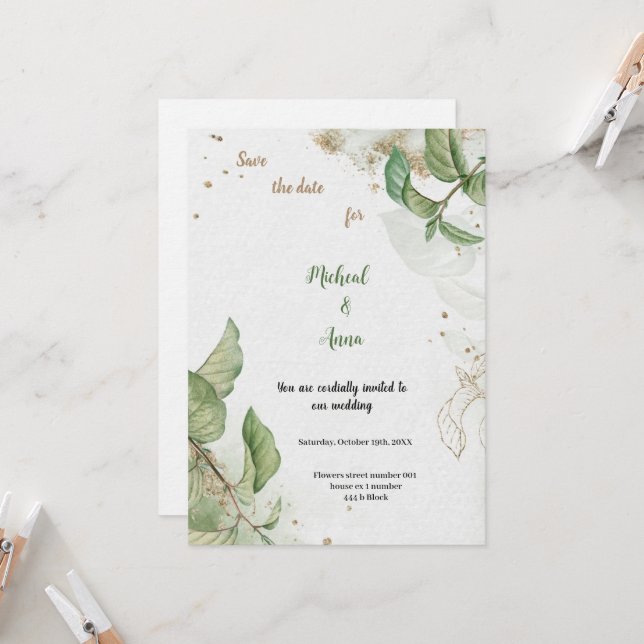 FAIRE-PART DE MARIAGE OR ET VERT (Devant/Arrière en situation)