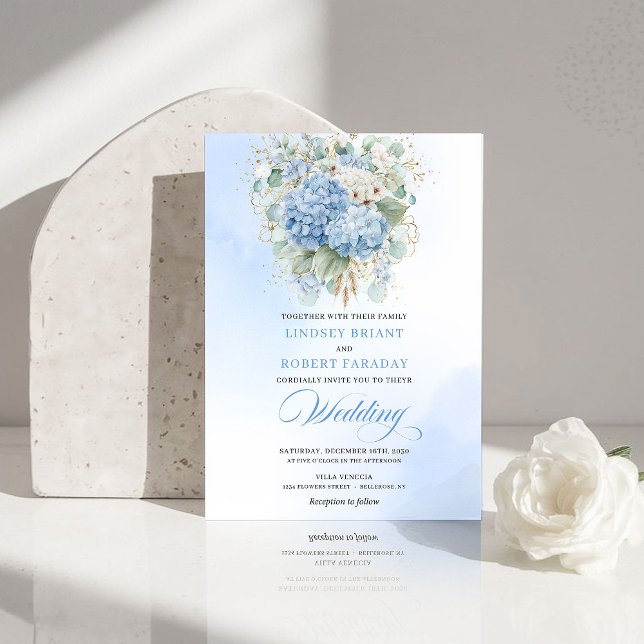 Faire-part de mariage or hydrangea bleu de luxe (Luxury Blue Hydrangea Gold Wedding Invitation)