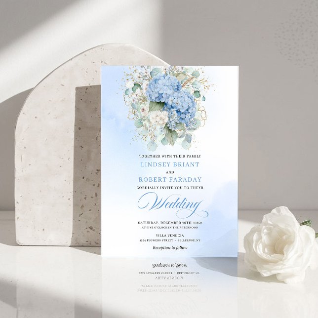 Faire-part de mariage or hydrangea bleu sophistiqu (Sophisticated Blue Hydrangea Gold Wedding Invite)