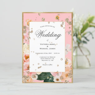 Faire-part de mariage or rose floral élégant