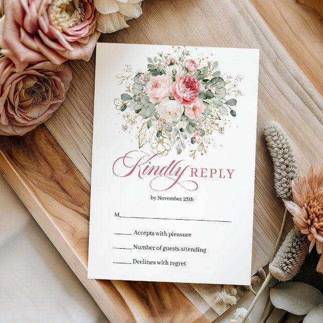 Faire-part de mariage or Roses de blush raffinées  (Refined Blush Roses Eucalyptus Gold Wedding RSVP)