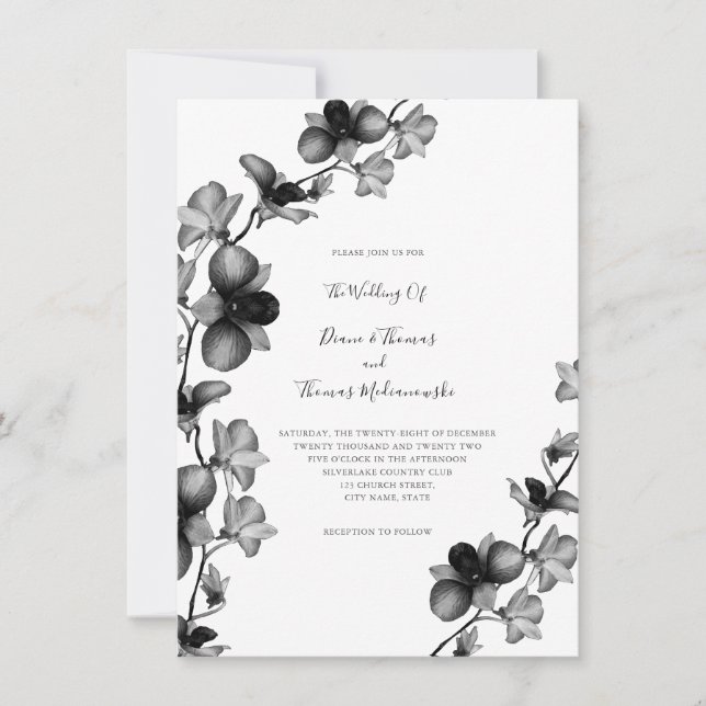 Faire-part de mariage orchidée noire et blanche (Devant)