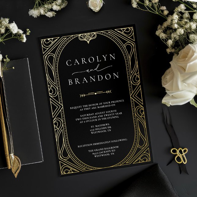 Faire-part de mariage Ornate Elegant Noir et Or (Black and real gold foil art deco 1920's style wedding invitation)