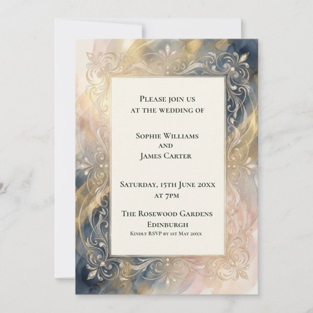Faire-part de mariage orné Navy Blush Gold (Devant)