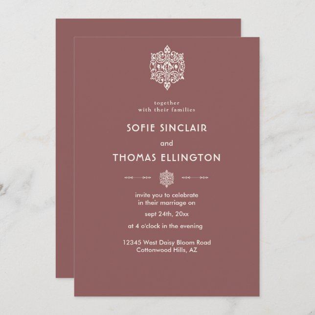 Faire-part de mariage ornement en bois de rose fon (Devant / Derrière)