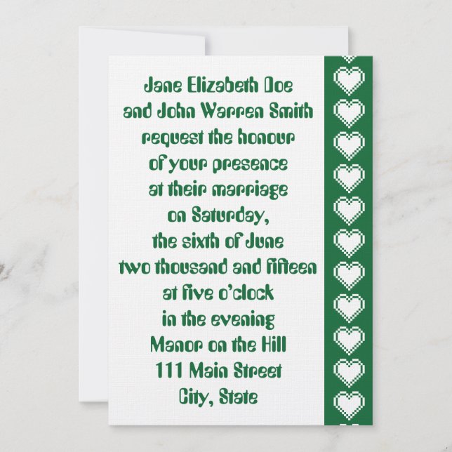 Faire-part de mariage Our 8-Bit Hearts in Green (Devant)