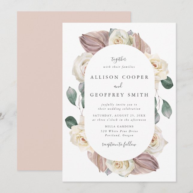 Faire-part de mariage ovale à cadre de roses et d' (Devant / Derrière)