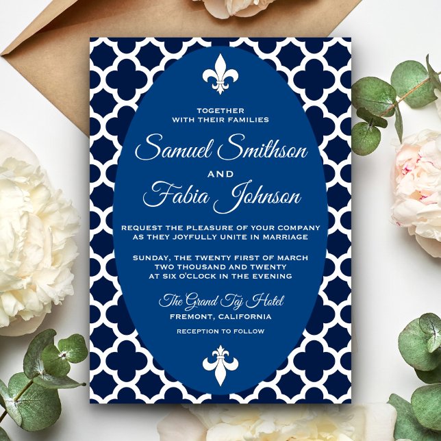 Faire-part de mariage ovale à quatre feuilles bleu (Créateur téléchargé)
