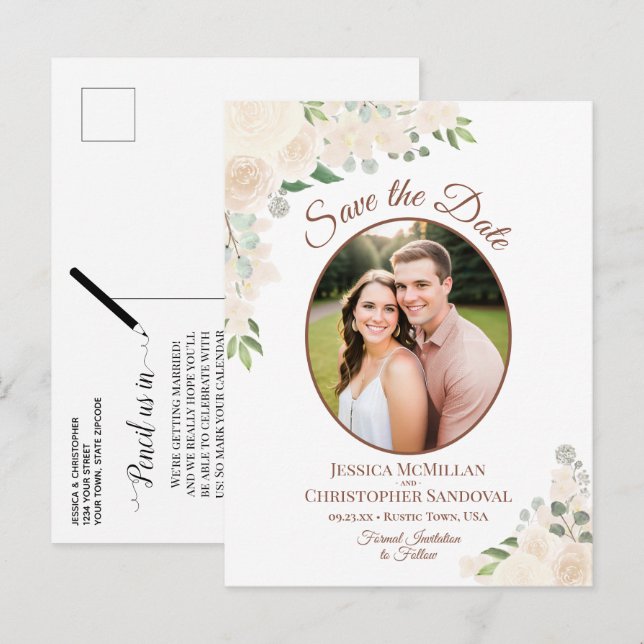 Faire-part de mariage ovale avec des roses pêche r (Devant / Derrière)