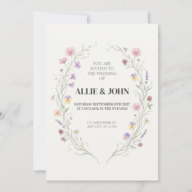 Faire-part de mariage ovale en couronne de fleurs  (Devant)