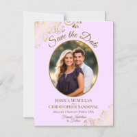 Faire-part de mariage ovale en lilac et or avec ph