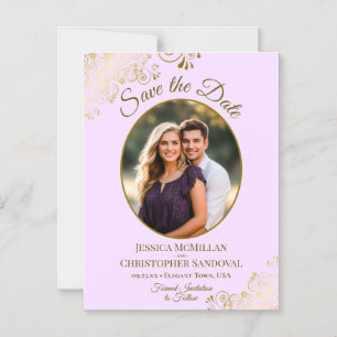 Faire-part de mariage ovale en lilac et or avec ph