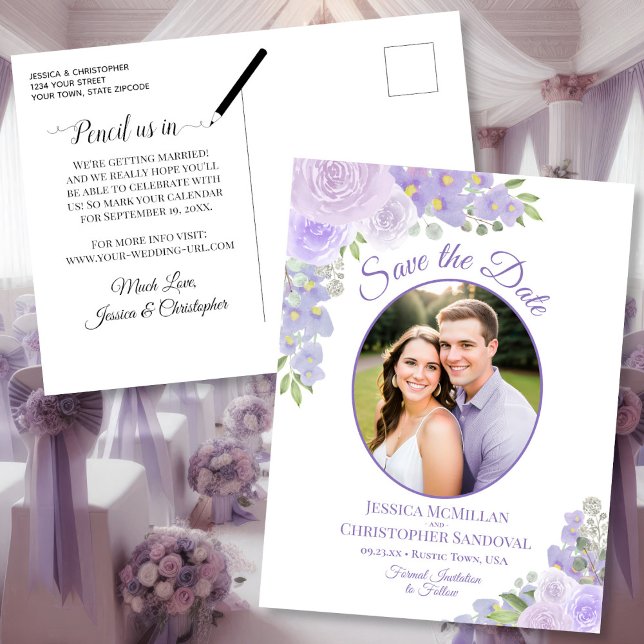 Faire-part de mariage ovale floral lavande pour ph (Front/Back)