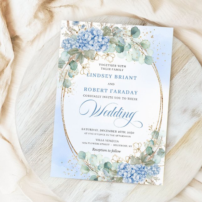 Faire-part de mariage ovale or Hydrangea Bleue (Elegant Blue Hydrangea Gold Oval Wedding Invitation)