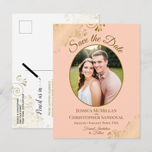 Faire-part de mariage ovale Peach & Gold Posh avec (Devant / Derrière)
