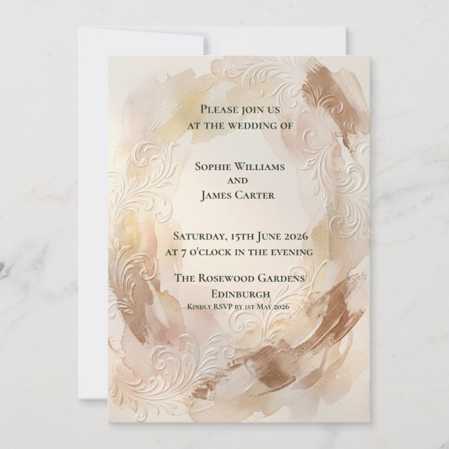 Faire-part de mariage ovale taupe baroque (Devant)