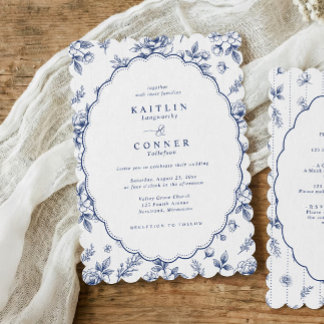 Faire-part de mariage ovale vintage bleu marine fl