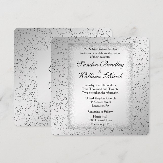 Faire-part de mariage pailleté argent (Devant / Derrière)
