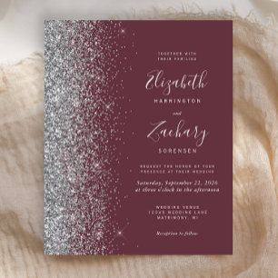 Faire-part de mariage pailleté argent bordeaux fon