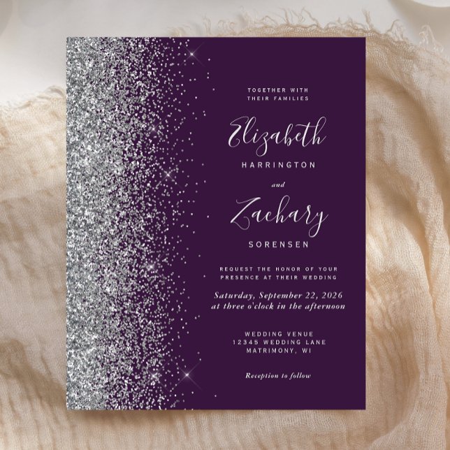 Faire-part de mariage pailleté argent violet foncé (Créateur téléchargé)