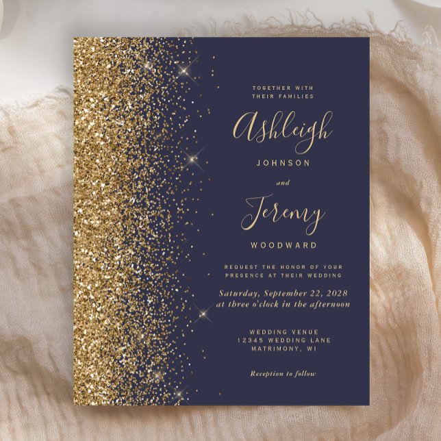 Faire-part de mariage pailleté or bleu foncé à pet (Créateur téléchargé)