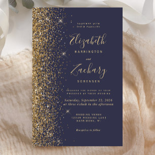 Faire-part de mariage pailleté or bleu foncé sur b