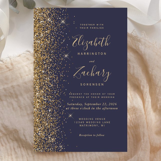 Faire-part de mariage pailleté or bleu foncé sur b (Créateur téléchargé)