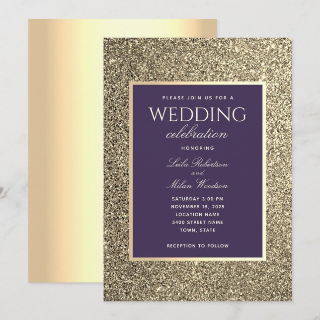 Faire-part de mariage pailleté or et violet (Devant / Derrière)