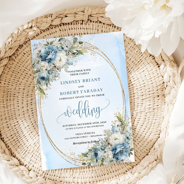 Faire-part de mariage pailleté or Fleurs bleues él (Elegant Blue Flowers Gold Glitter Wedding Invite)