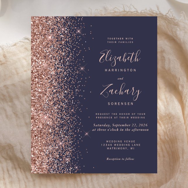 Faire-part de mariage pailleté rose gold bleu fonc (Créateur téléchargé)