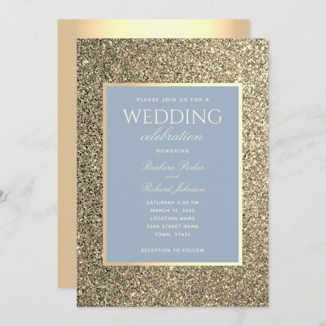 Faire-part de mariage Paillettes Or et Bleu Poussi (Devant / Derrière)