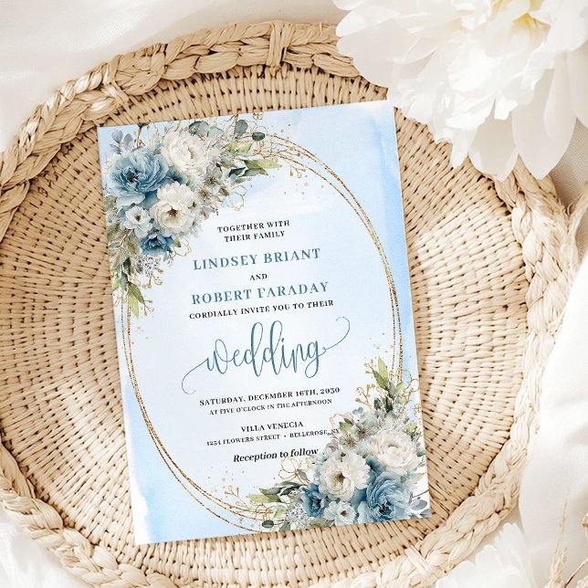 Faire-part de mariage paillettes or fleurs verdure (Blue Flowers Greenery Gold Glitter Wedding Invite)