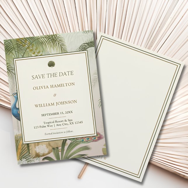 Faire-part de mariage Palmier Paon (Peacock Palm save the date with an ivory double-border back and personalized initials)