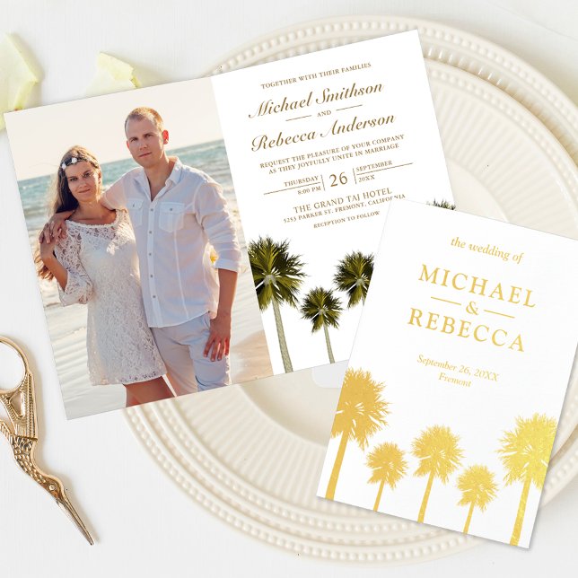 Faire-part de mariage Palmiers Feuille d'Or Tropic (Créateur téléchargé)