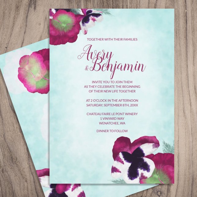 Faire-part de mariage Pansies magenta (light cyan blue magenta berry pink purple floral wedding invitations script calligraphy writing)