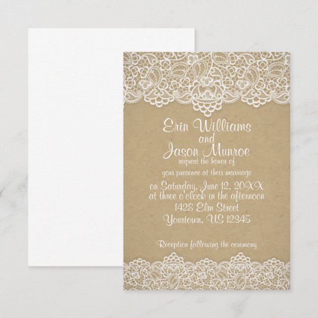 Faire-part de mariage papier Brown dentelle blanch (Devant / Derrière)