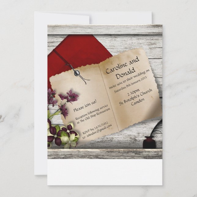 Faire-part de mariage. Papier d'époque et quille (Devant)