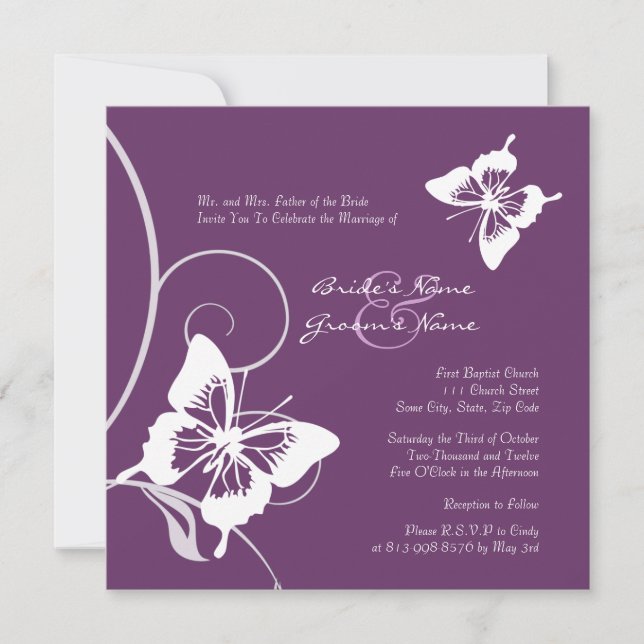 Faire-part de mariage papillon blanc et violet (Devant)