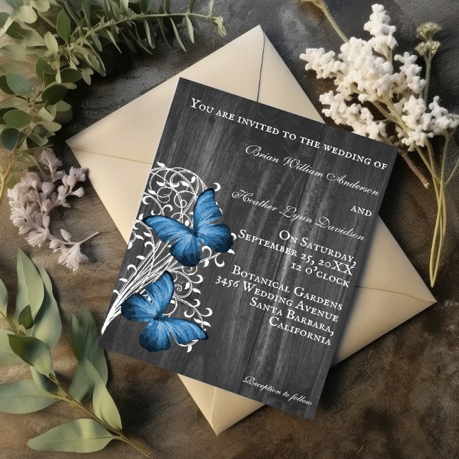 Faire-part de mariage papillon bleu rustique (Blue Rustic Butterfly Wedding Invitation)