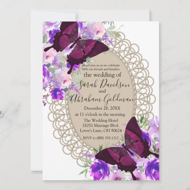 Faire-part de mariage papillon en dentelle (Devant)