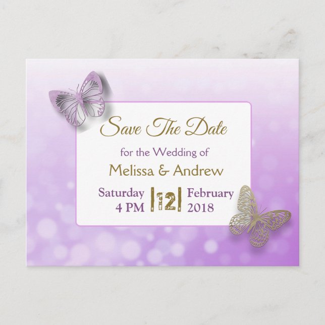 Faire-part de mariage papillon lavande et or (Devant)